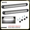 A white LED light bar with black wiring shown alongside individual LED units and a close-up of the light beam.