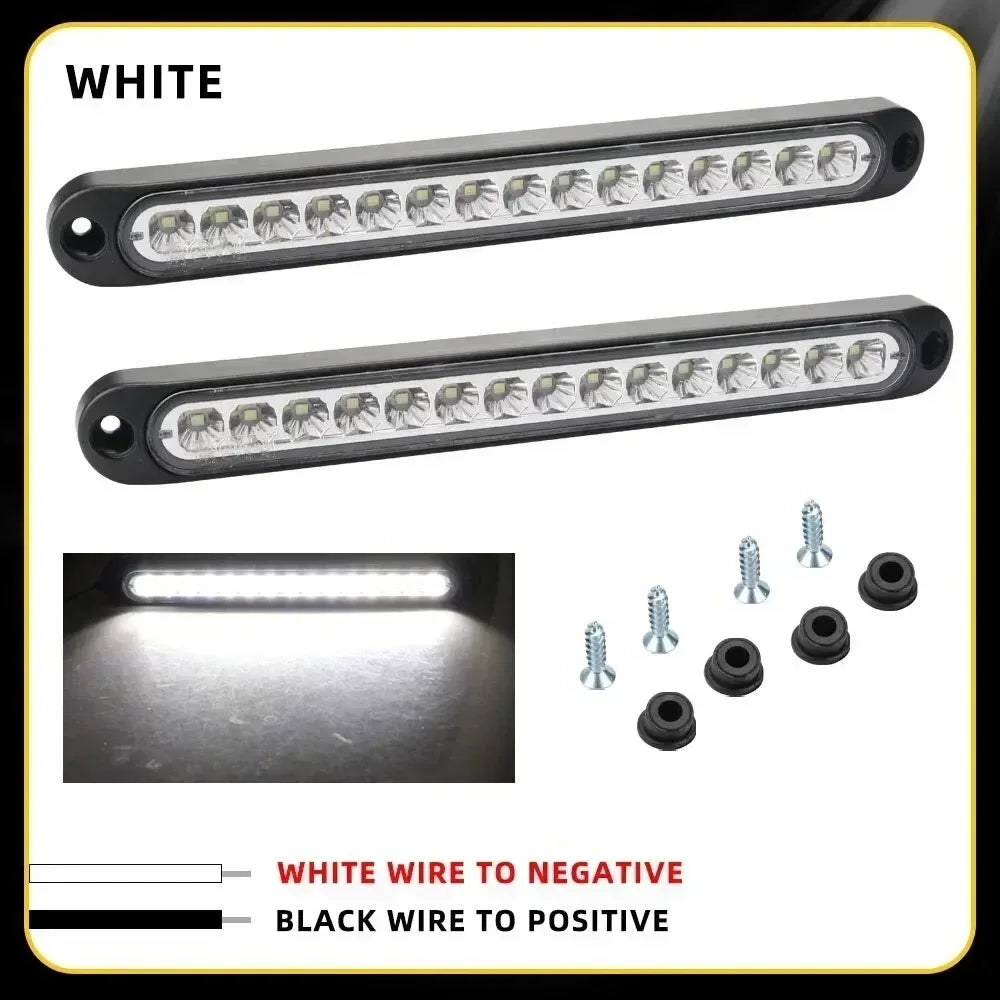 A white LED light bar with black wiring shown alongside individual LED units and a close-up of the light beam.