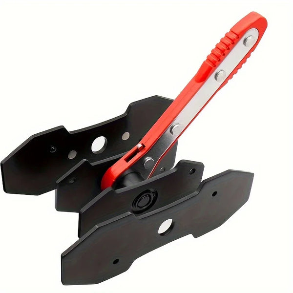 A close-up view of an orange and silver ratcheting brake caliper press tool.