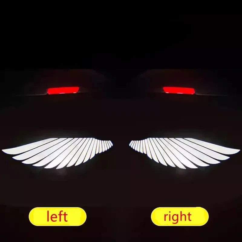 A pair of white LED wing-shaped door logos for a car, shown with left and right labels.