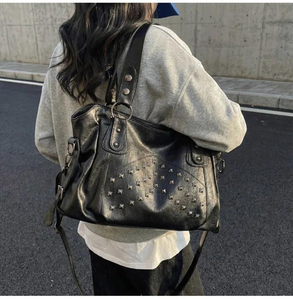 Rivet Punk Large Capacity Tote Bag with Adjustable Crossbody Strap