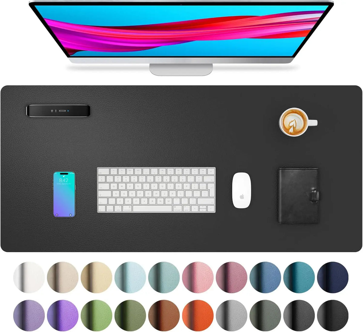A black desk pad featuring a monitor, keyboard, mouse, and a leather notebook, surrounded by various colored circles.