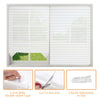 White pleated window blinds shown in a window frame with accessories like double-sided tape and adjustable clips