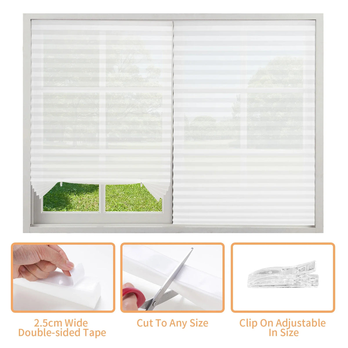 White pleated window blinds shown in a window frame with accessories like double-sided tape and adjustable clips