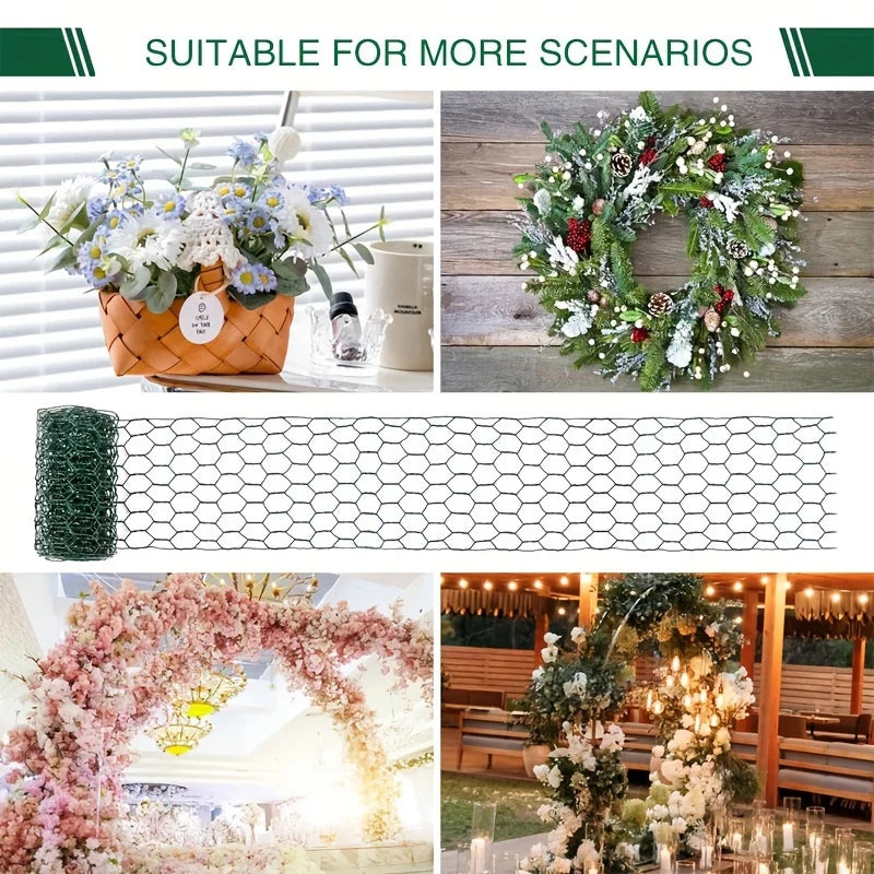 PVC-coated hexagonal garden fencing netting shown in various applications including wreaths and floral arches