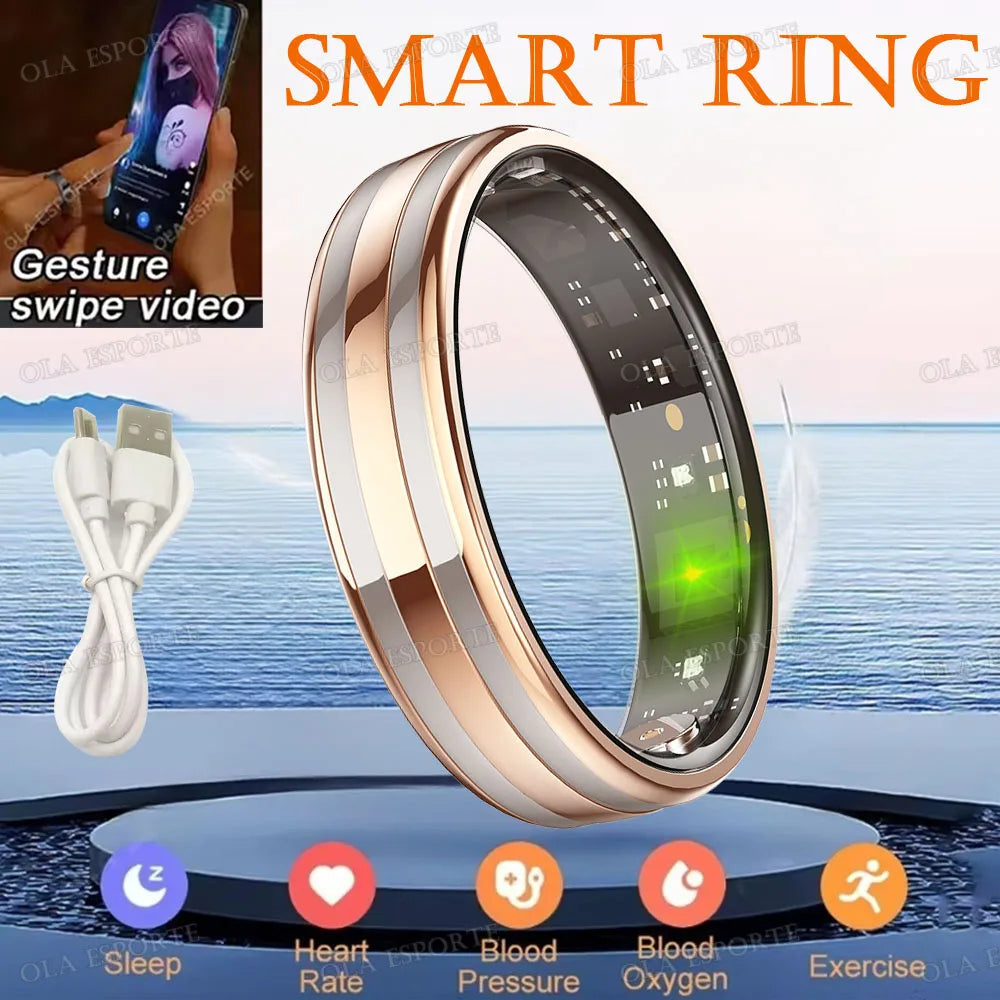 A close-up view of a rose gold smart ring with a green light, displayed next to health monitoring options.