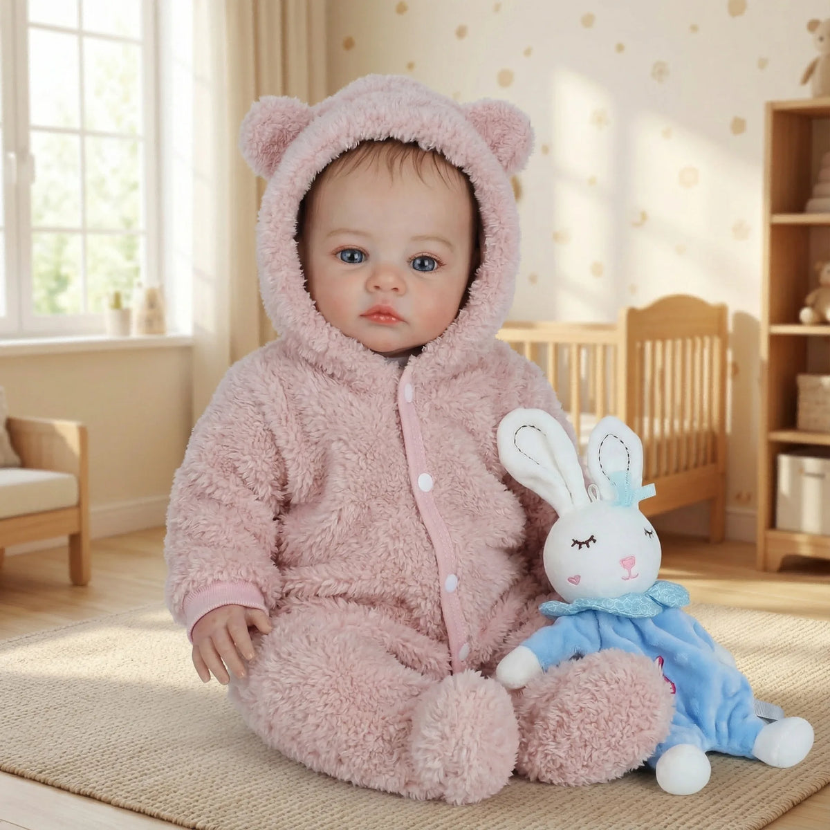 A soft pink reborn baby doll with a hood and rabbit ears is sitting on a light rug.