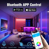 A smartphone displays an app interface for Bluetooth APP Control, showing options like Music+Mic, Dynamic+Static, Color Palet
