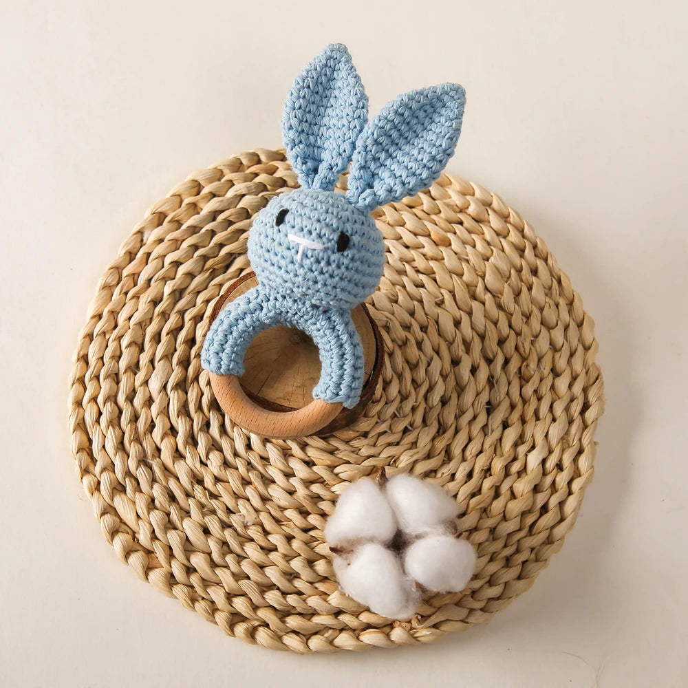Handmade Crochet Bunny Rattle with Wooden Teether for Babies