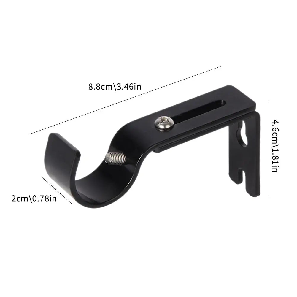 Black metal curtain rod bracket set with mounting holes and adjustable arms.