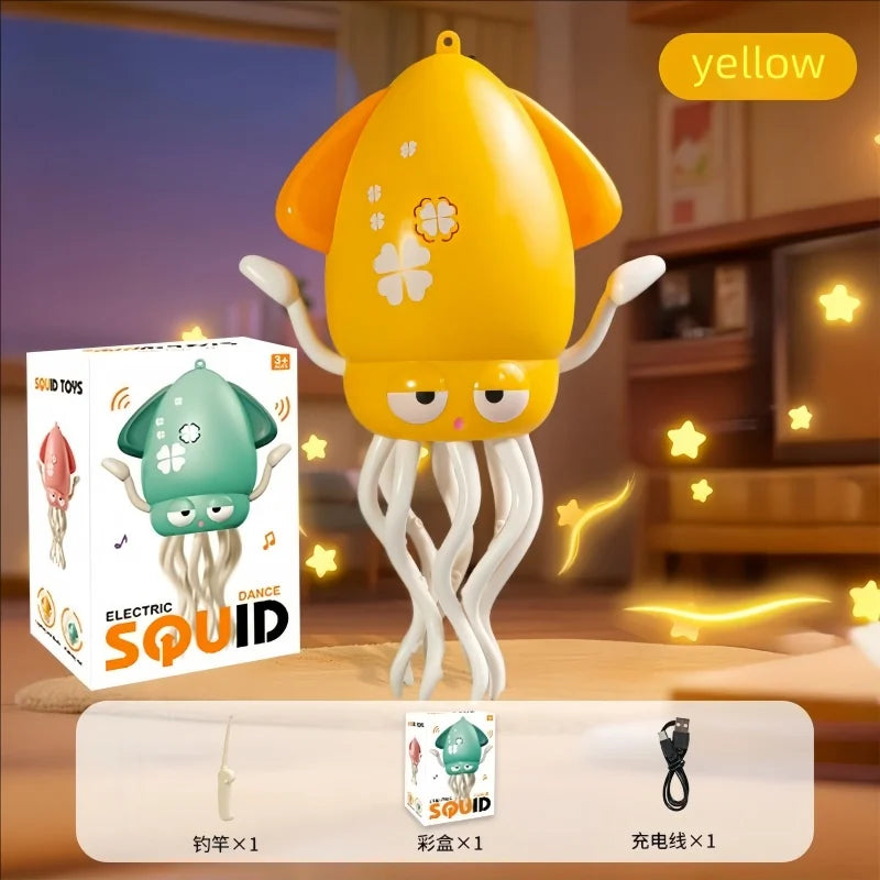A yellow squid toy with tentacles is shown in a box, demonstrating its electric dance features.