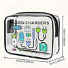 A clear plastic zipper tote containing various electronic plugs and chargers for travel and organization.