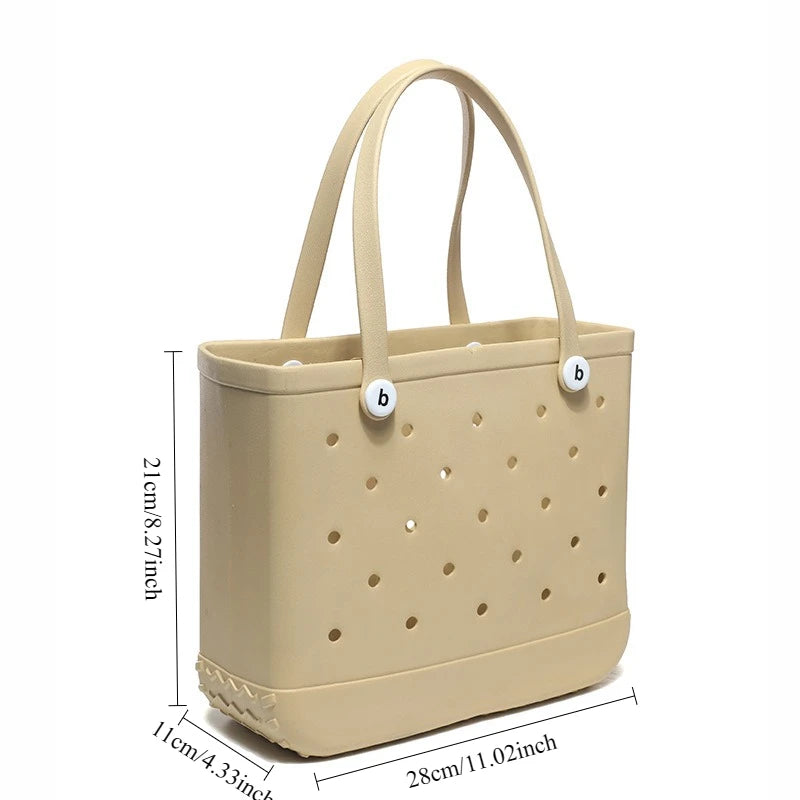 Beige tragbare EVA-Strandtasche mit Henkel und perforiertem Design