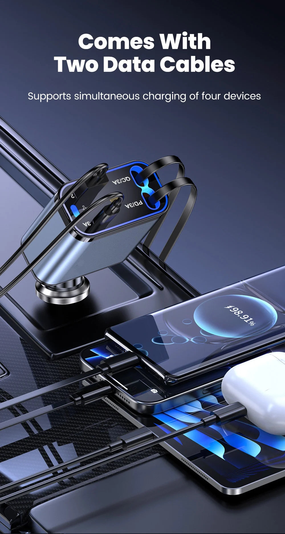 A portable retractable car charger with two data cables is shown charging multiple devices.