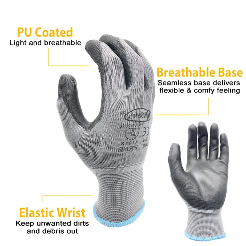 Gray breathable PU-coated work gloves featuring an elastic wrist for enhanced grip.