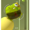 A green dinosaur-shaped bubble machine with an orange crest is shown floating above a yellow bubble.