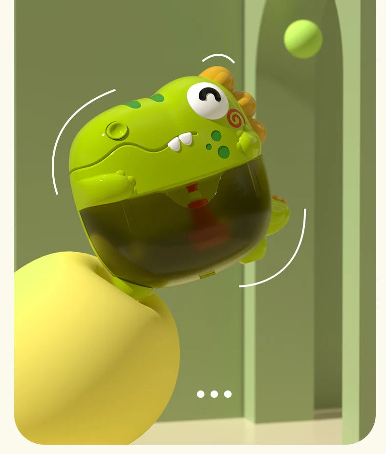 A green dinosaur-shaped bubble machine with an orange crest is shown floating above a yellow bubble.