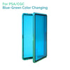 A blue-green trading card protective display case showing a color changing effect.