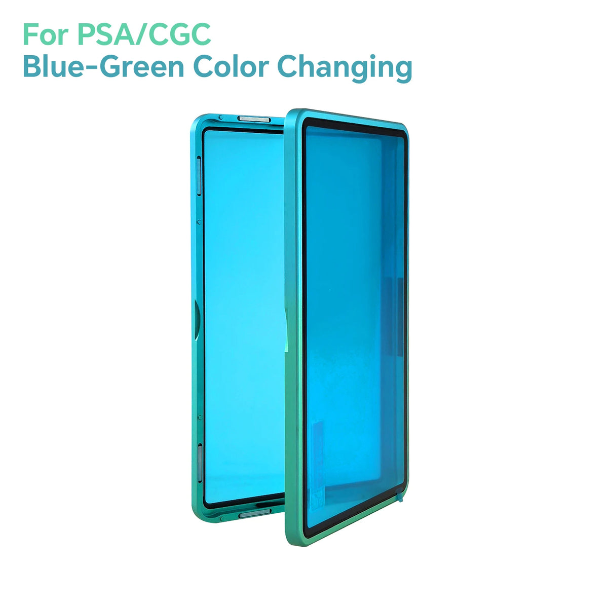 A blue-green trading card protective display case showing a color changing effect.