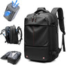 Black expandable travel laptop backpack shown with vacuum compression features and accessories.