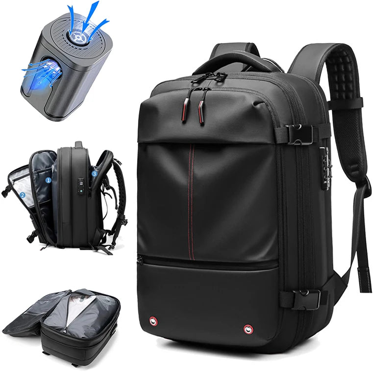 Black expandable travel laptop backpack shown with vacuum compression features and accessories.