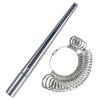 A metal ring sizing gauge with multi-size cones and a ruler for measuring rings.