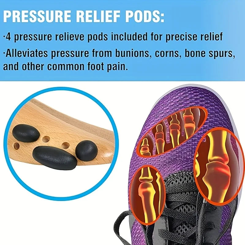 A close-up of a purple shoe showing pressure relief pods placed on the sole of a shoe.