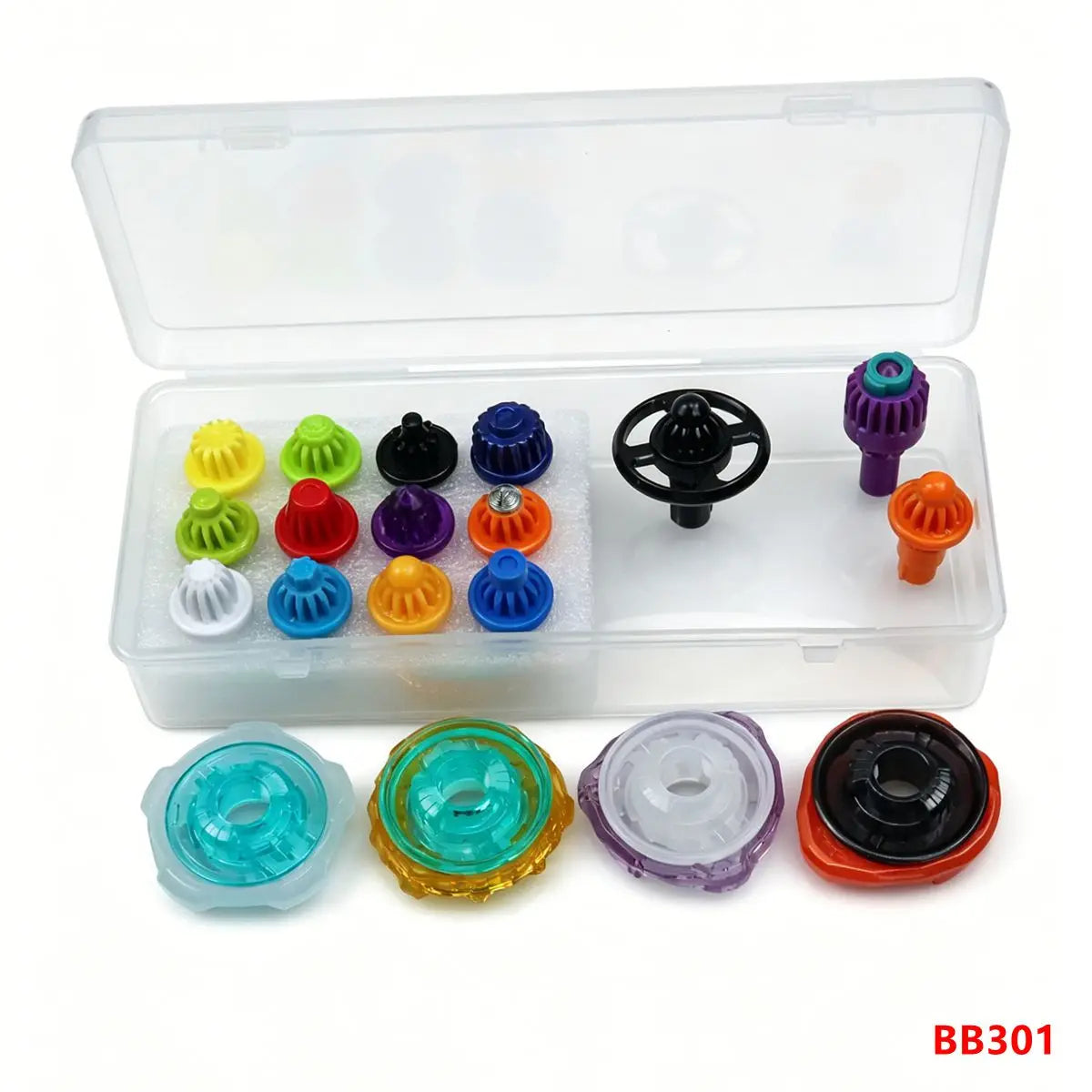 A clear storage box containing various colorful spinning top customization accessories and parts.