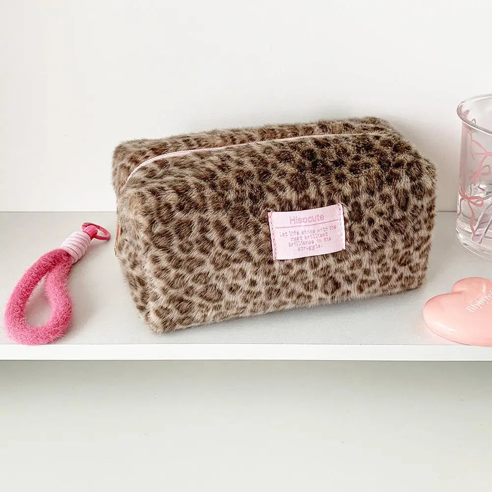Leopard Print Plush Makeup Bag with Carry Handle