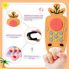 An orange silicone teether toy shaped like a remote control, featuring various colors and shapes for baby learning.