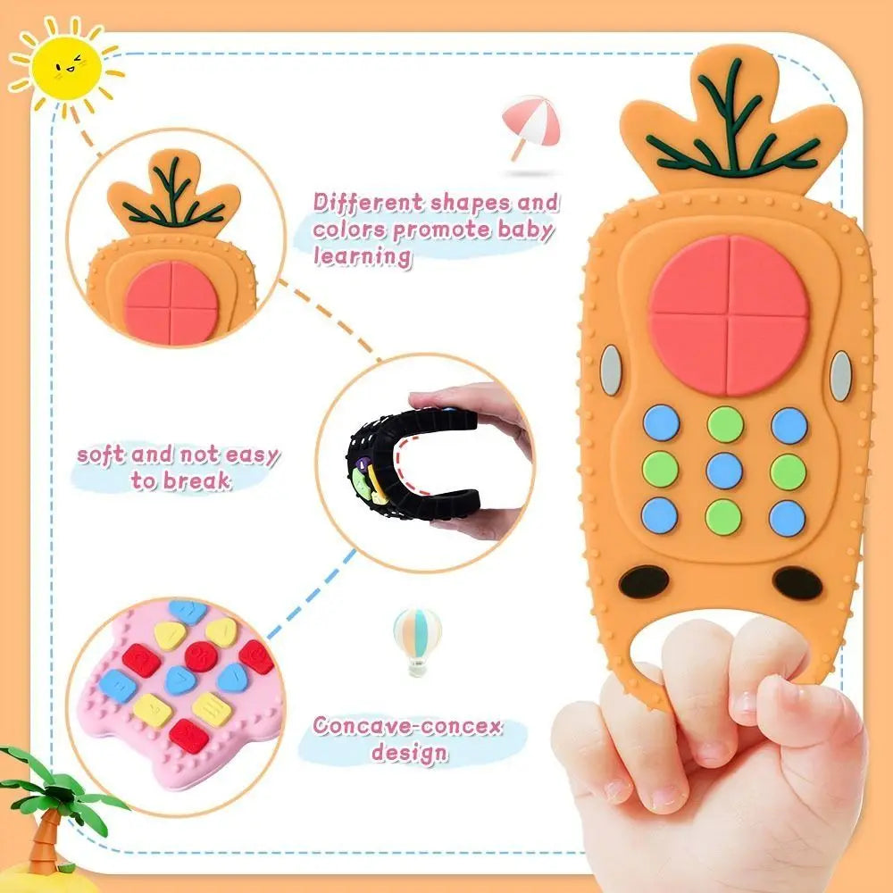 An orange silicone teether toy shaped like a remote control, featuring various colors and shapes for baby learning.