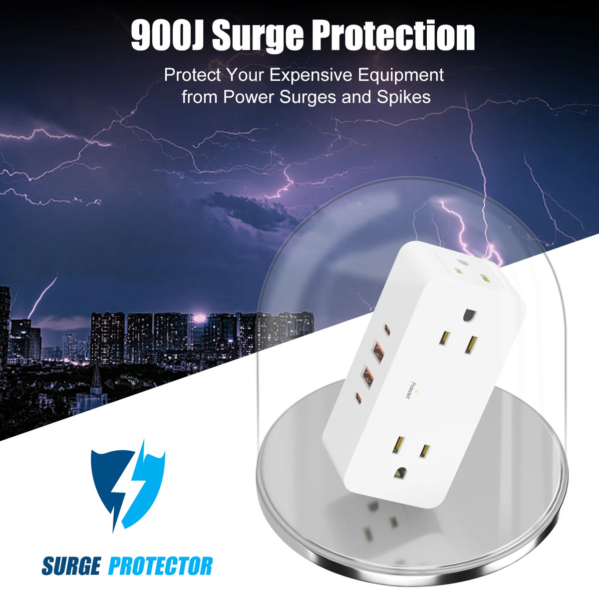 White 8-outlet wall power hub with USB ports and surge protection displayed under a protective dome.