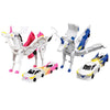 A white and pink transforming unicorn car toy with magnetic collision features.