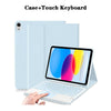 A light blue case holding a tablet and a detachable wireless keyboard for use with an iPad.