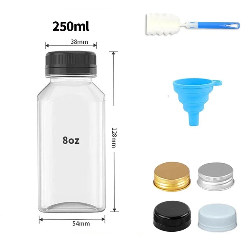 Clear plastic juice bottle with a black cap and a white silicone spatula shown next to various components.