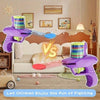 A purple foam disc launcher toy is shown against a background with framed pictures and a sofa, suggesting a fighting game the