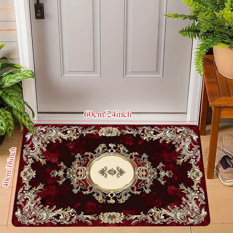 Burgundy Gold Floral Medallion Area Rug – Non-Slip Washable Carpet