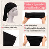 Black unisex spandex dreadlocks cap shown on a mannequin and being worn by a hand.