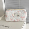 Pink Bow Plaid Quilted Cosmetic Bag with Multiple Compartments