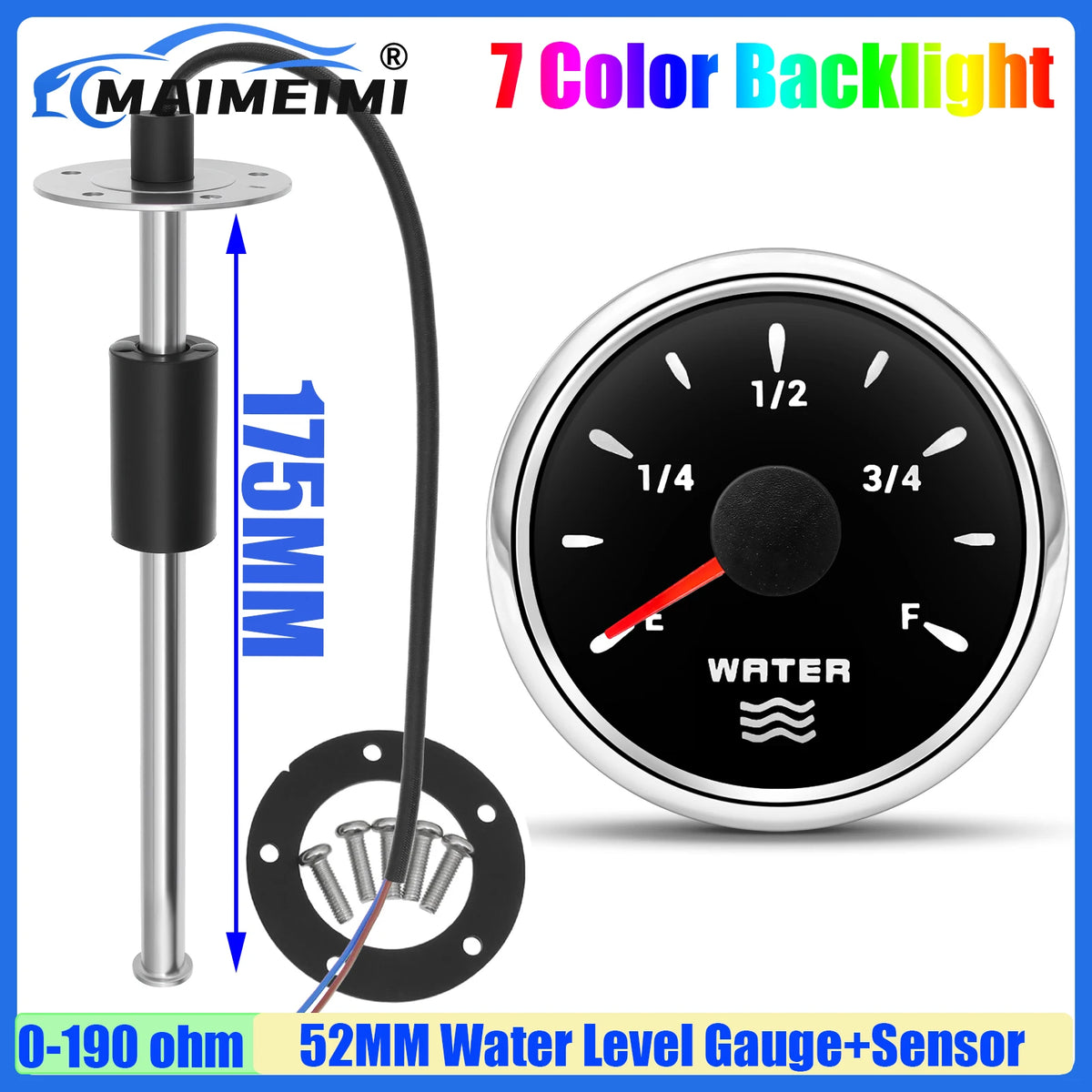 A silver light bar with a 52mm water level gauge and sensor for liquid measurement.