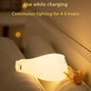 A white silicone duck touch night light is illuminated on a bed, used while charging.