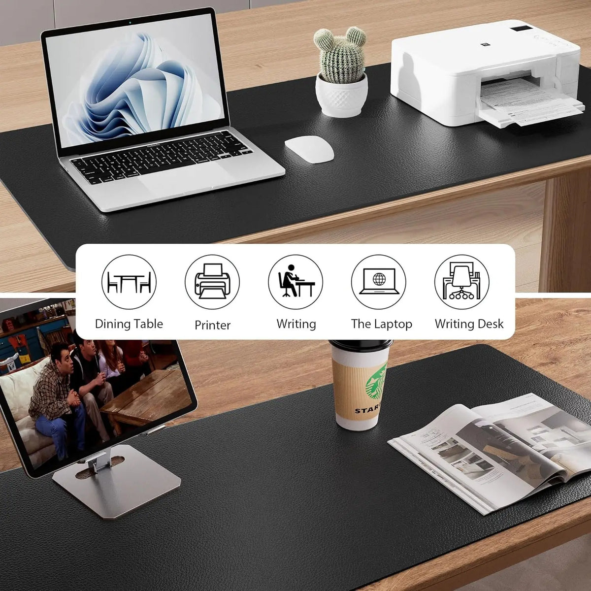 A white waterproof PU leather desk pad is shown with various office supplies like a laptop, printer, and writing materials on