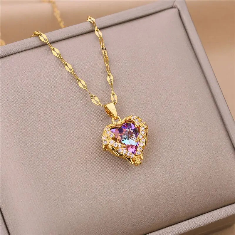 Colorful Crystal Ocean Heart Pendant Necklace