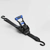 Black and blue retractable ratchet tie-down straps with a handle and auto-retract mechanism.