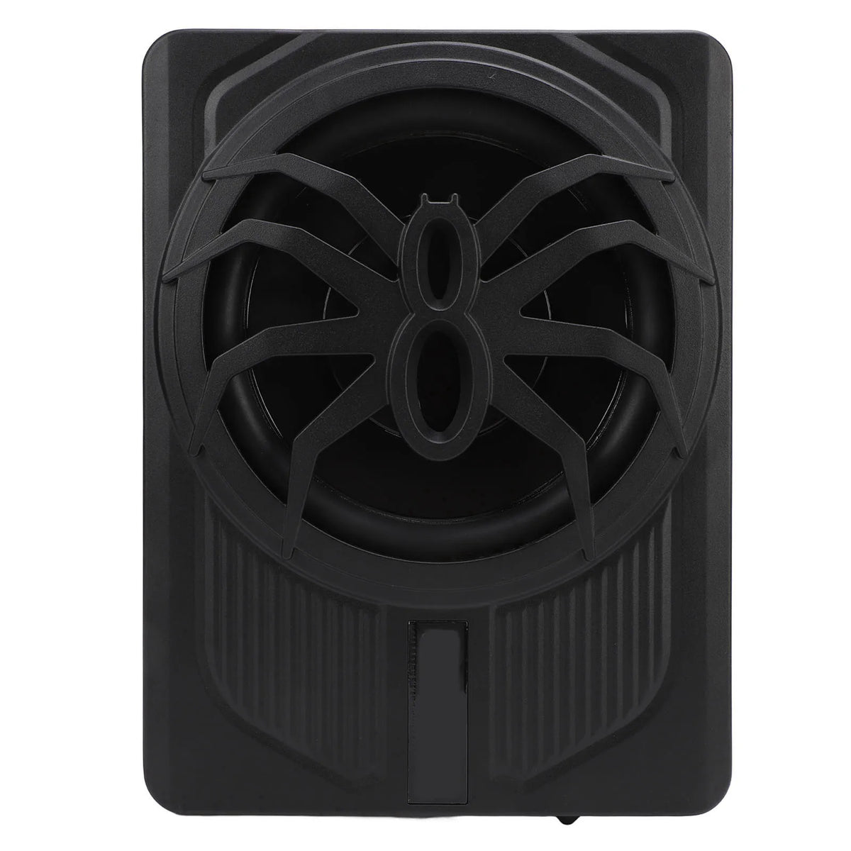 Subwoofer noir et fin de 10 pouces avec grille en araignée.