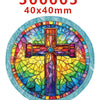 A colorful stained glass cross hair bow decoration with a vibrant rainbow background.