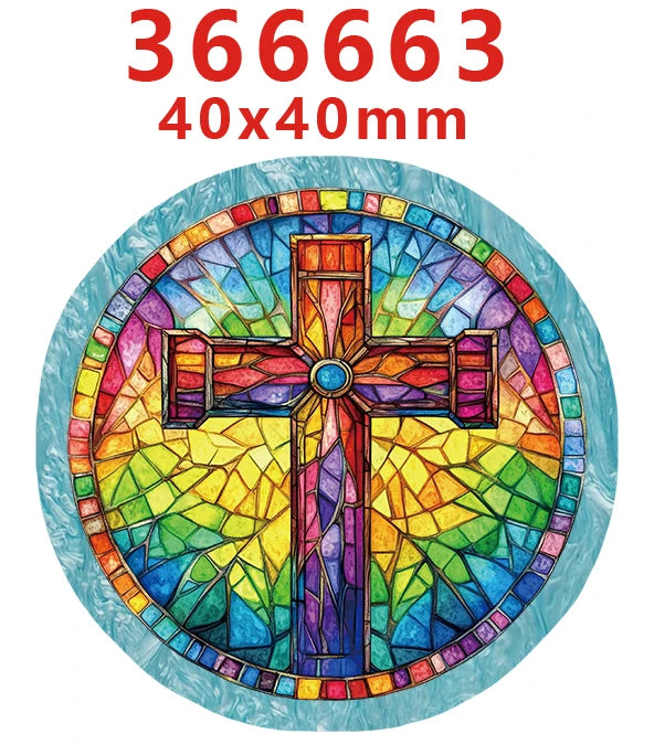 A colorful stained glass cross hair bow decoration with a vibrant rainbow background.