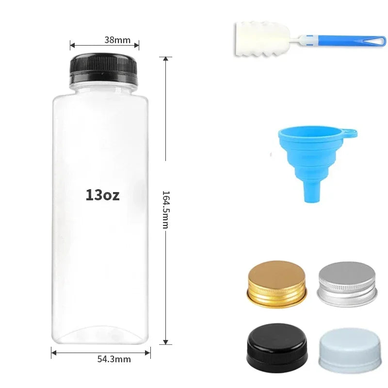 A set of reusable plastic juice bottles with tamper-evident caps, including a bottle, a spatula, and various caps.