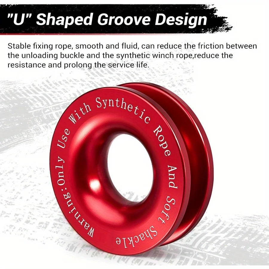 A red U-shaped groove design synthetic rope shackle and recovery ring for stable fixing.
