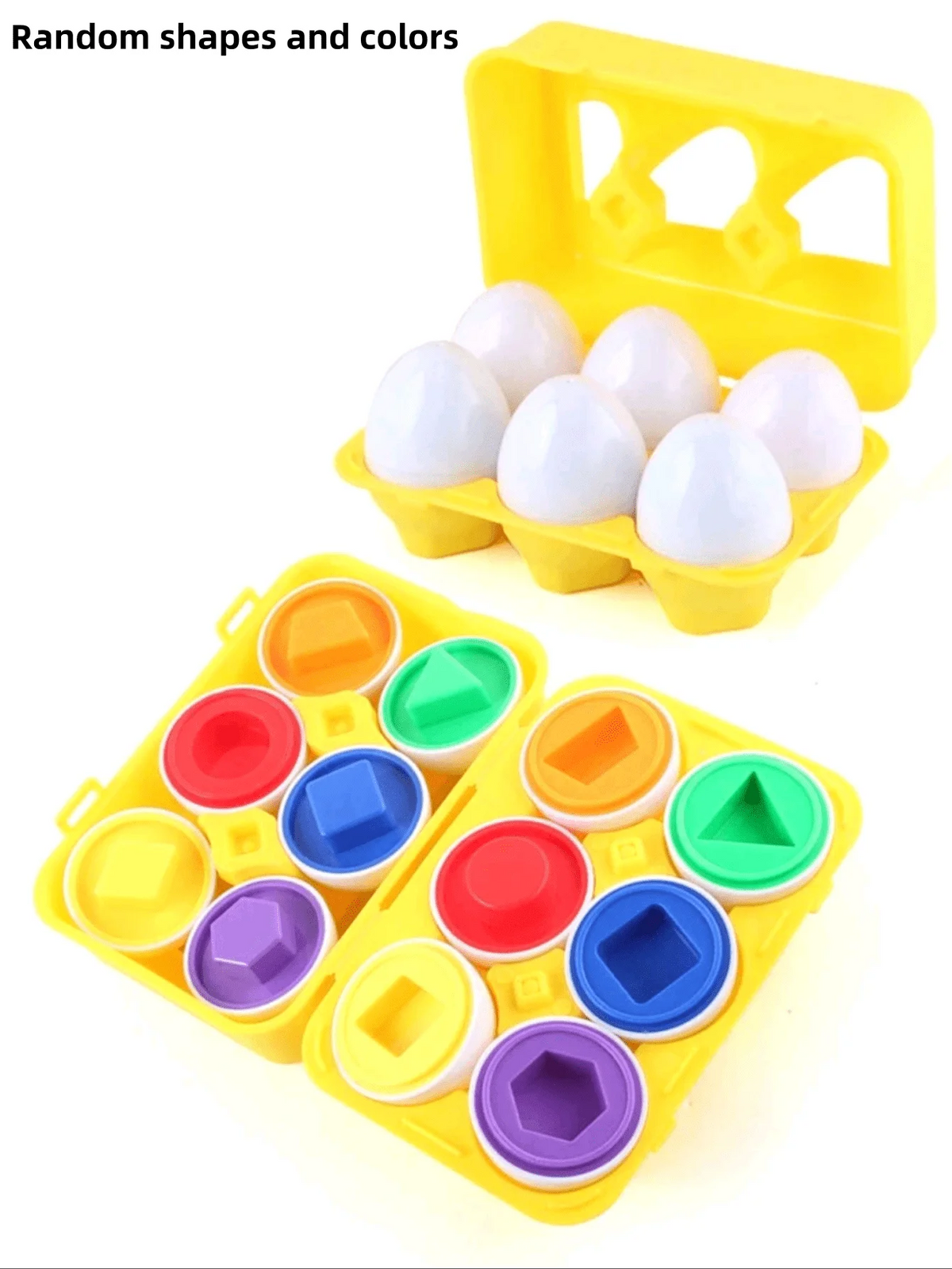 A yellow plastic sorting puzzle with multiple colored egg-shaped pieces.